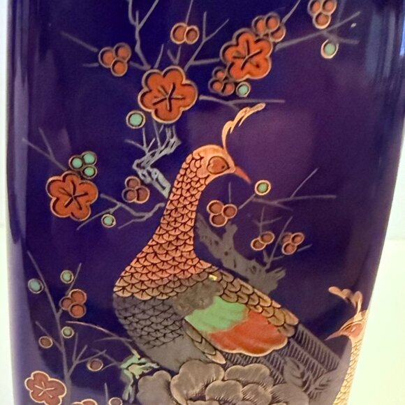 Japanese Peacock Vase Cobalt Blue VTG Tall Square Cylinder Floral Kutani Style - Picture 12 of 16